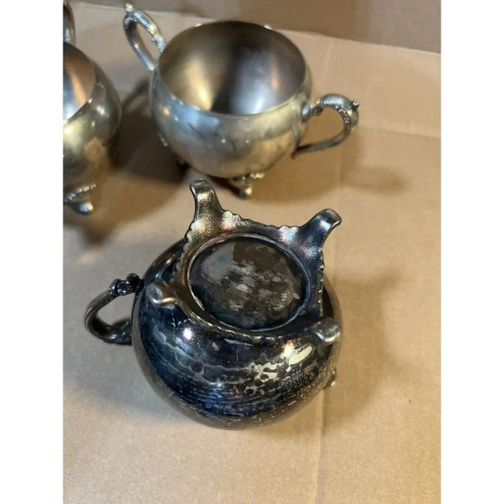 Silver silverplate Footed sugar and creamer vintage Double Handle (set‎ of 3)